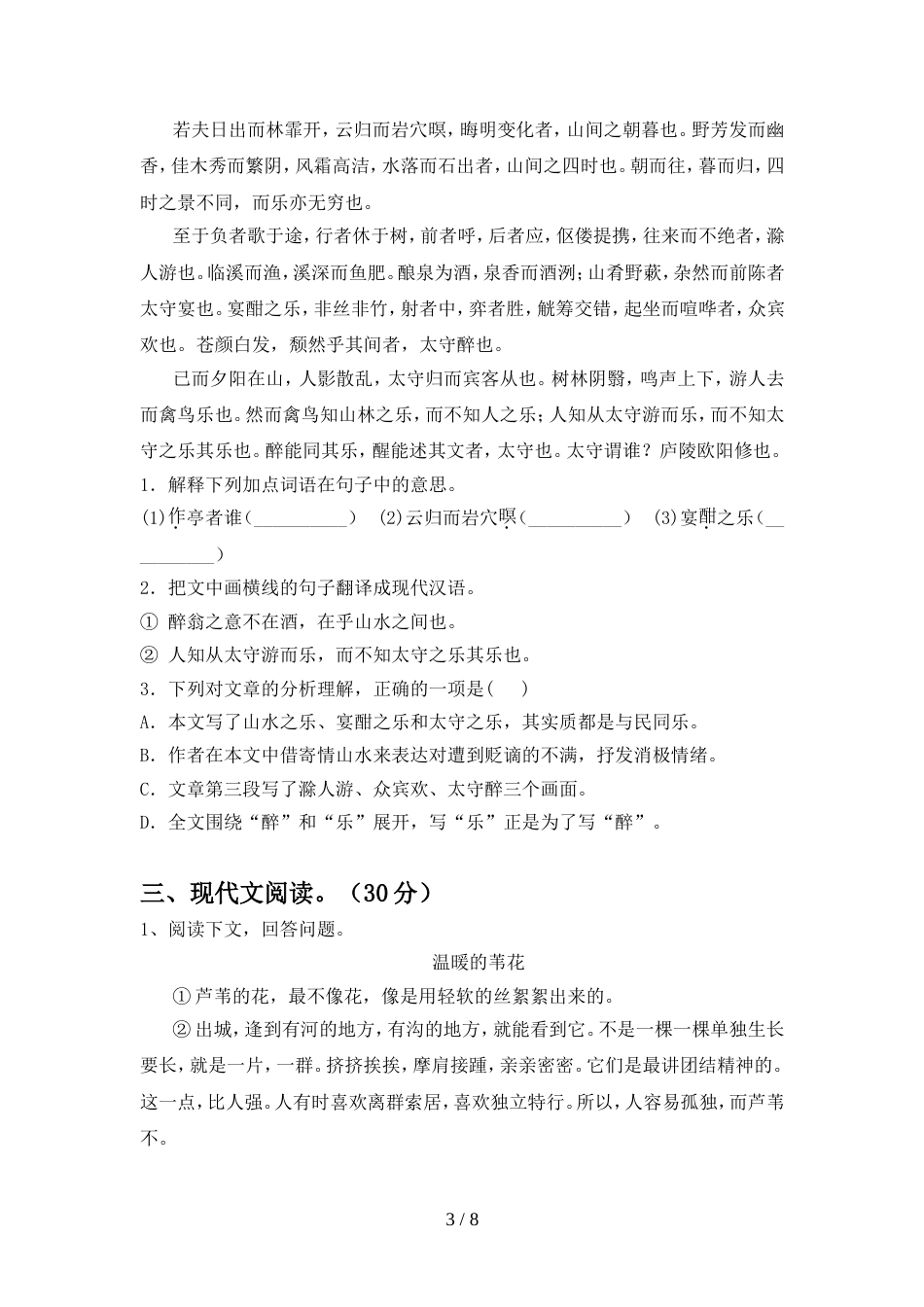 九年级语文上册期中模拟考试(加答案)_第3页