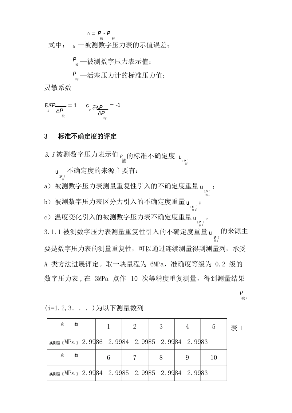 8数字压力计(01MPa～60MPa)检定校准结果测量不确定度评定报告_第3页