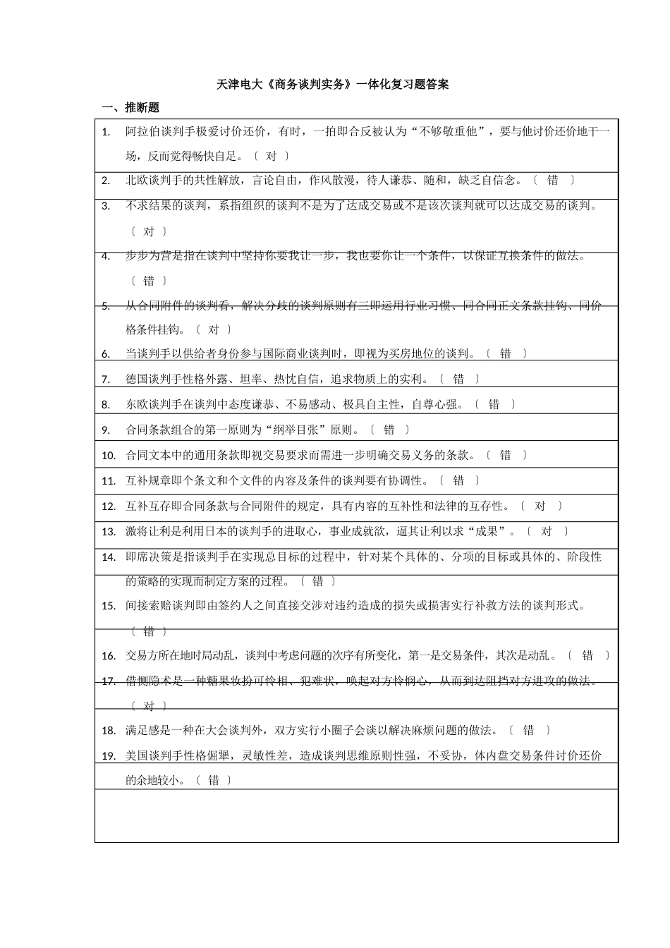 《商务谈判实务》一体化复习题答案_第1页