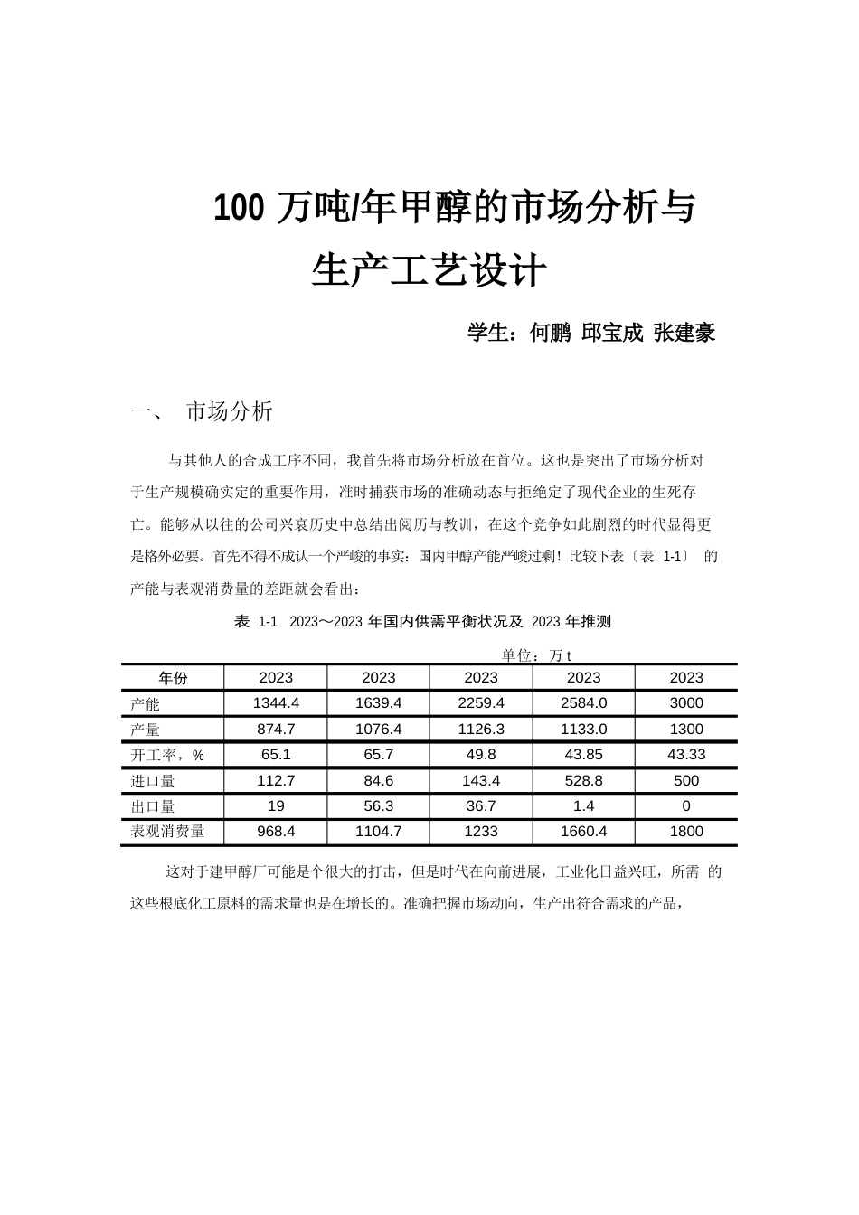 100万吨甲醇生产工艺设计_第1页