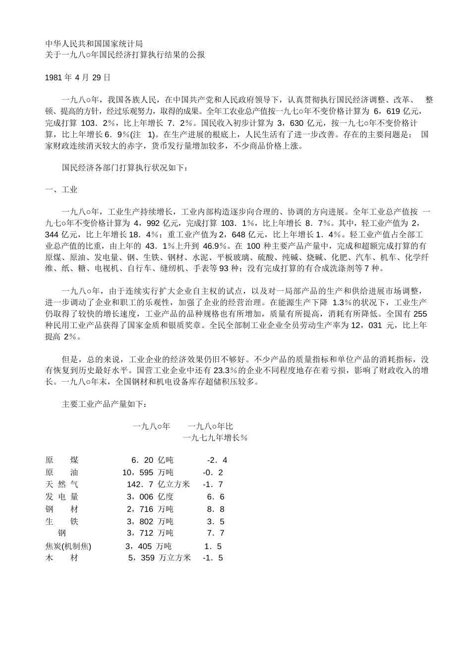 1980年国民经济计划执行结果的公报_第1页