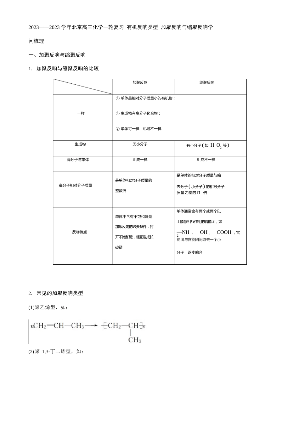 2023年——2023学年北京高三化学一轮复习有机反应类型加聚反应与缩聚反应_第1页