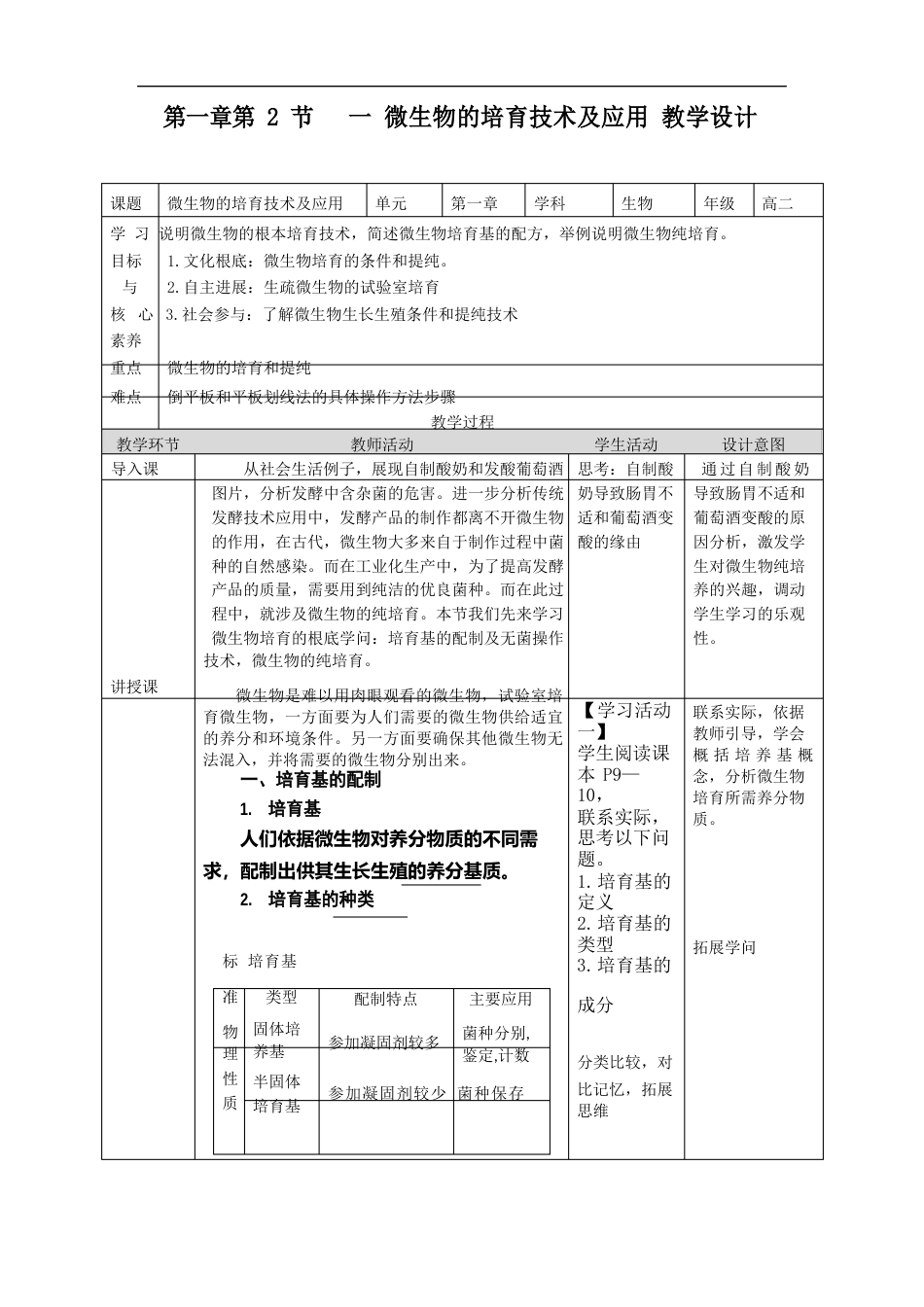 1-2一微生物的培养技术及应用(教案)-高二下学期生物人教版(2023年)选择性必修_第1页