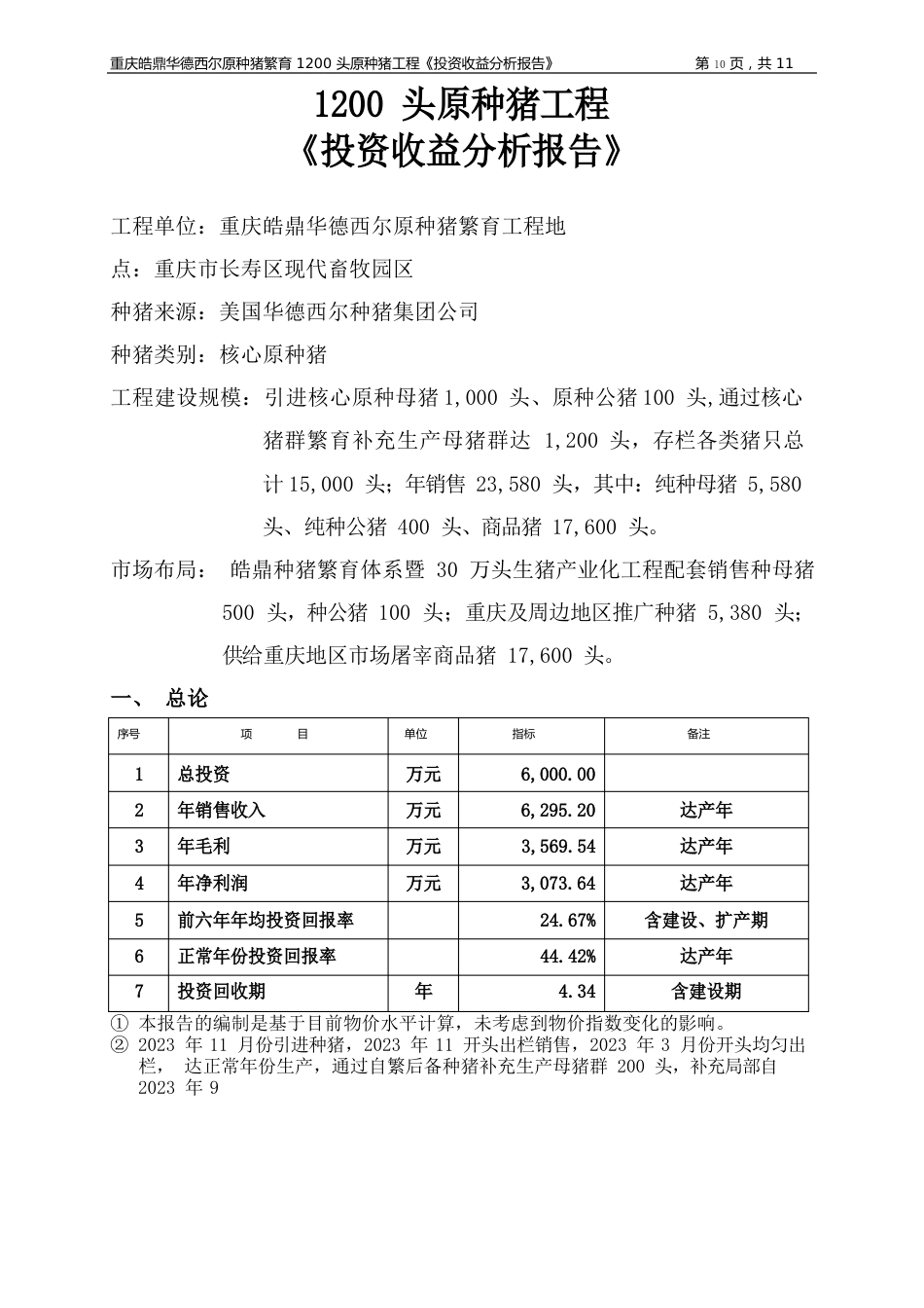 1200头原种猪场投资收益分析报告_第1页