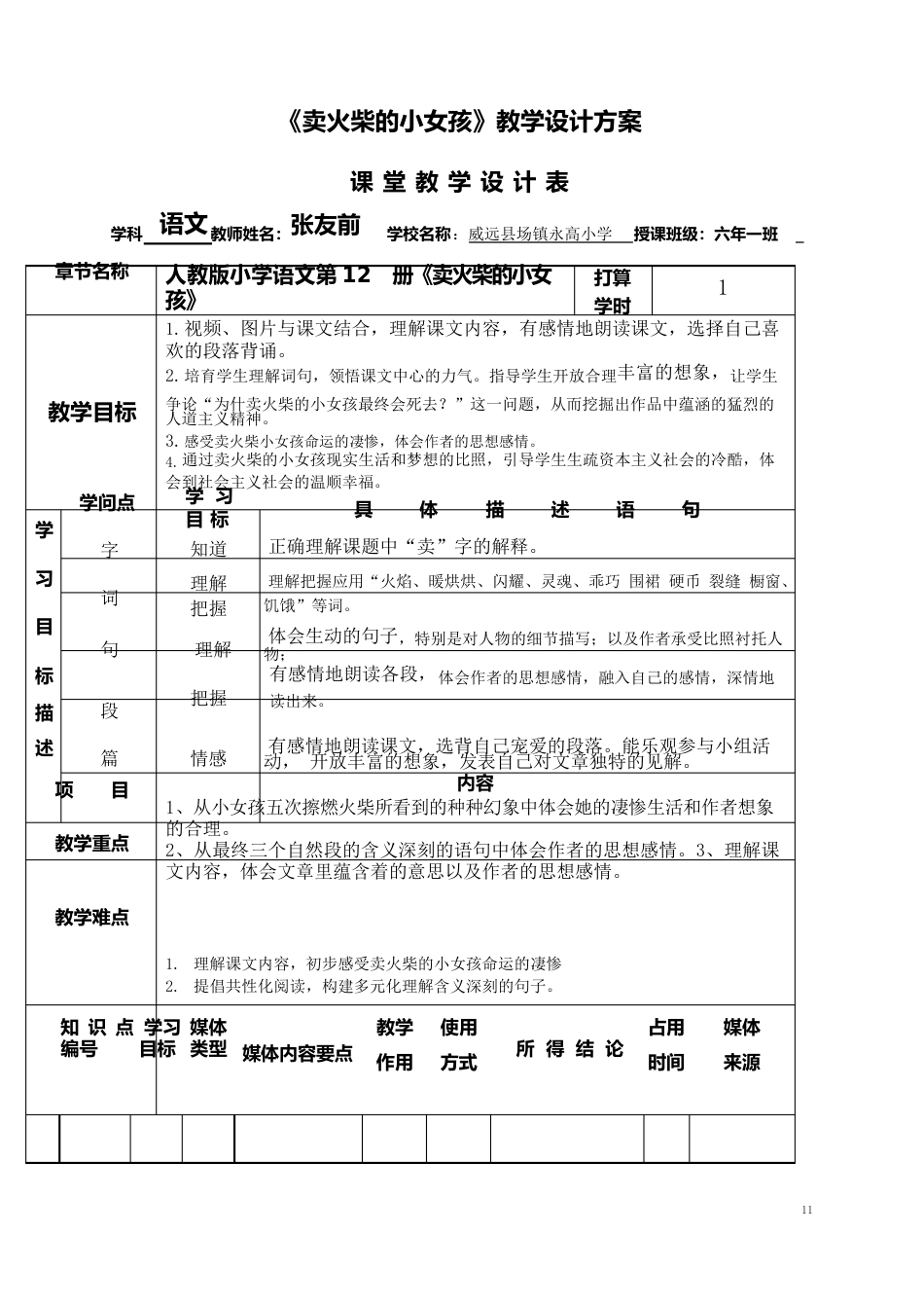 《卖火柴的小女孩》课堂教学设计表_第1页