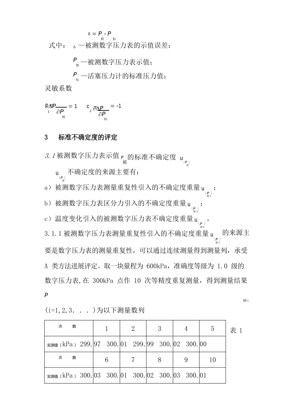 7数字压力计(01MPa～06MPa)检定校准结果测量不确定度评定报告_第3页