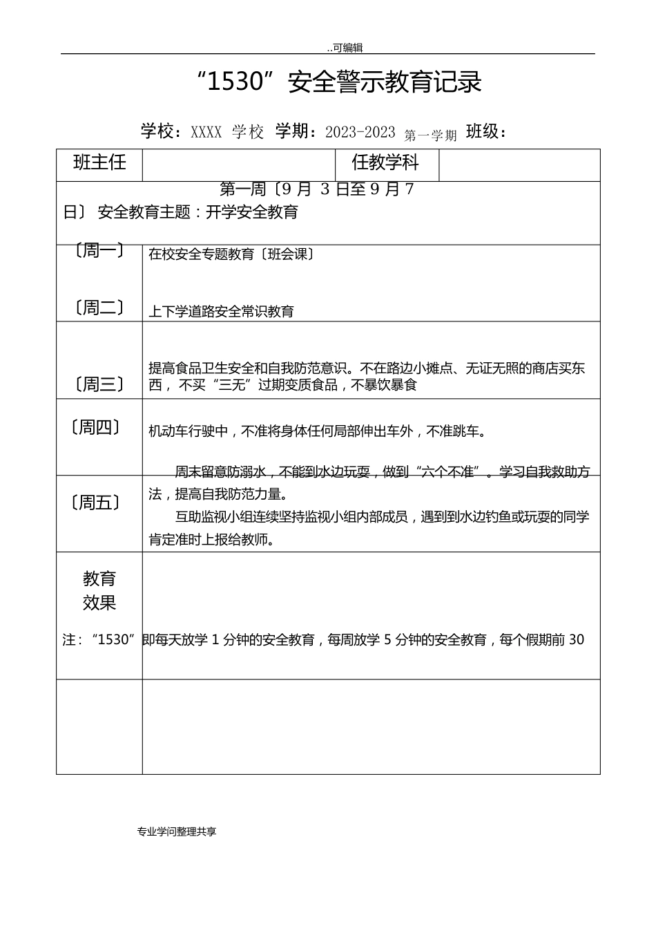 2023学年第一学期“1530”安全警示教育记录文本_第1页