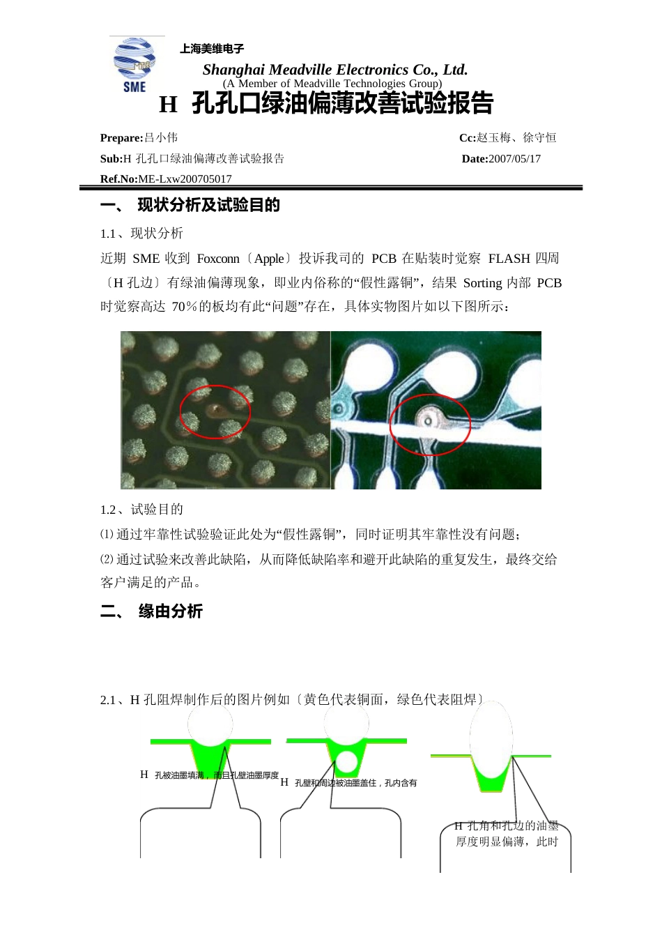 H孔孔口绿油薄改善试验报告_第1页