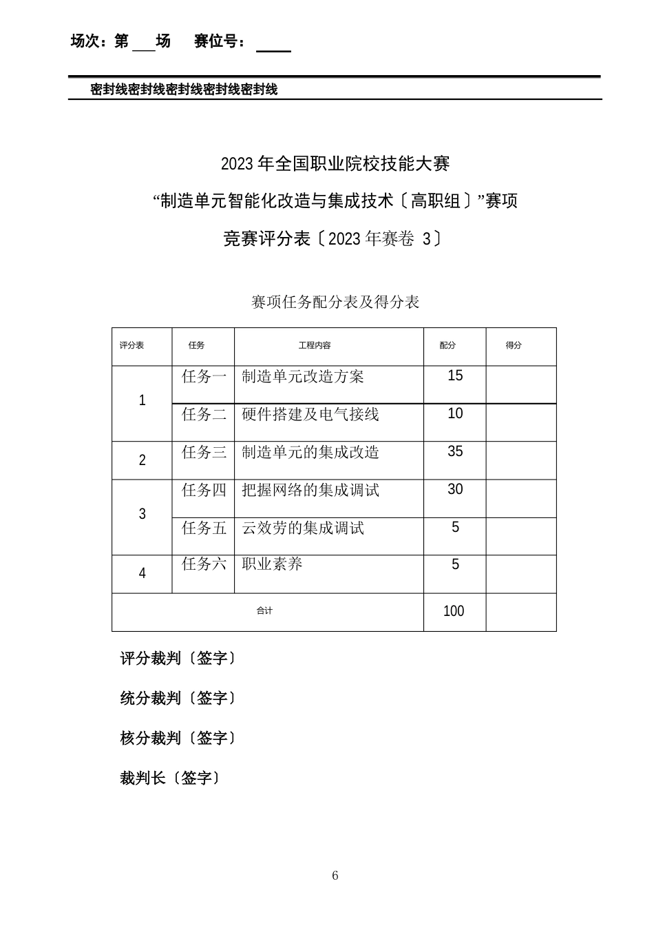 “制造单元智能化改造与集成技术(高职组)”赛项正式赛卷1评分表_第1页