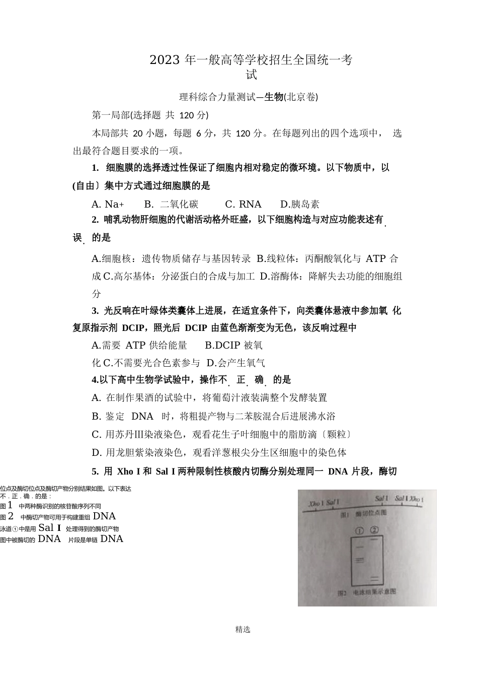 2023年北京高考理综生物真题（含答案）解析_第1页