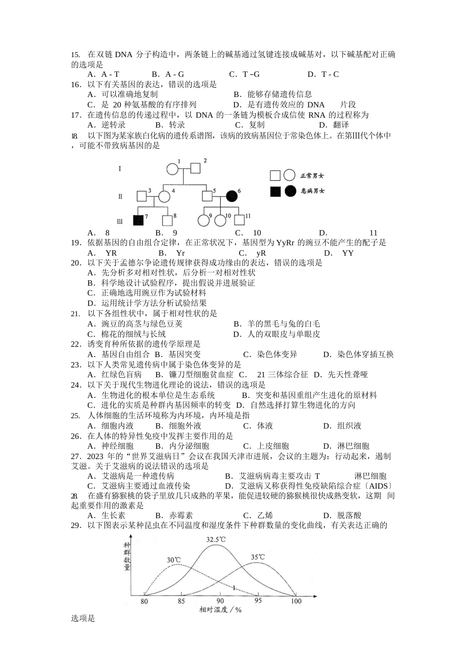 072江苏小高考(生物)真题及答案_第2页