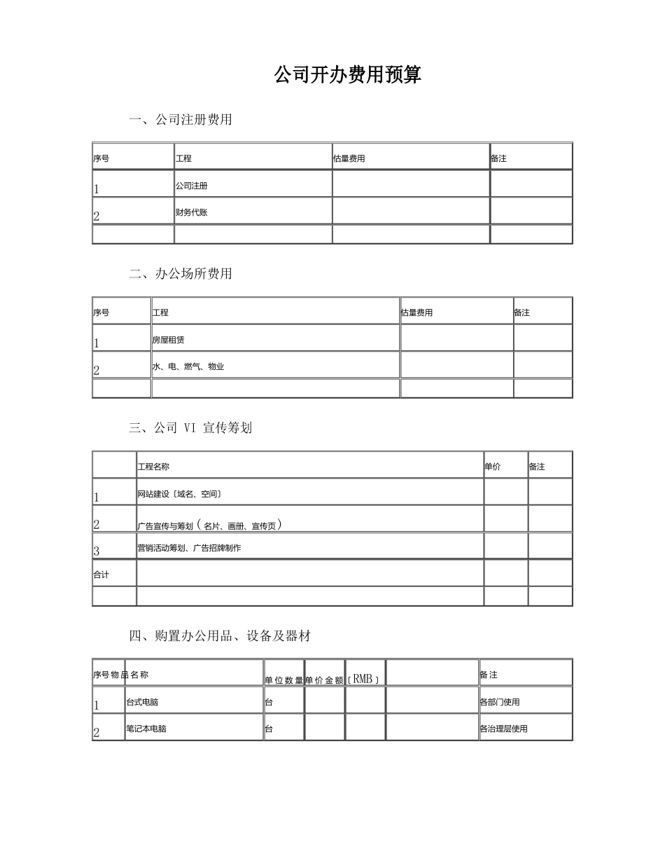 06公司开办支出费用预算(范例)_第1页