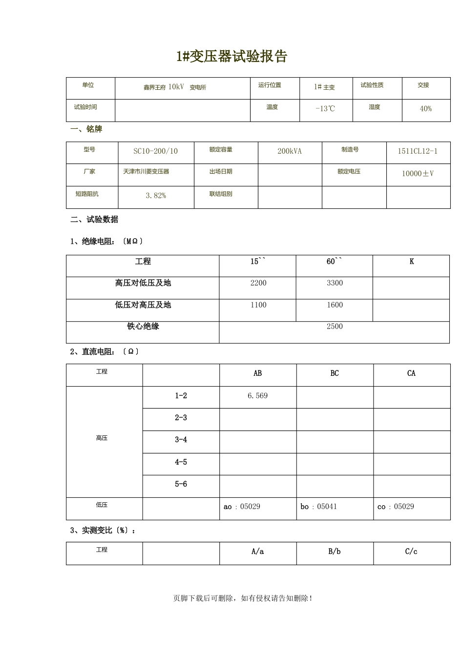 10kV电力电缆高压试验报告_第1页