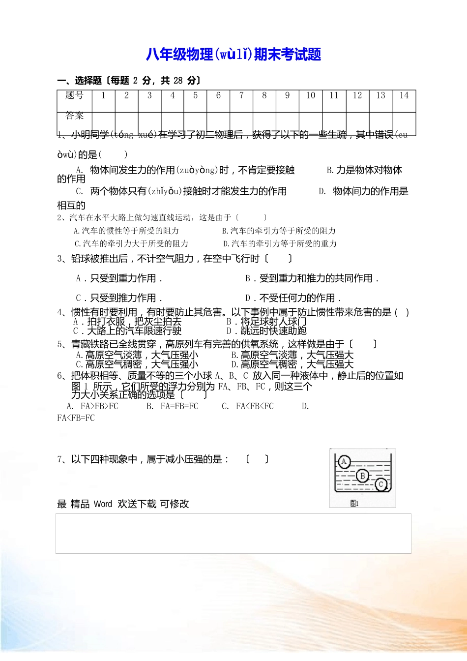 2023年八年级下册物理期末试题及答案_第1页