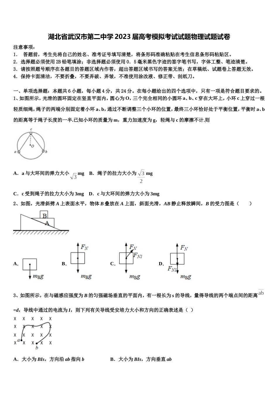 湖北省武汉市第二中学2023届高考模拟考试试题物理试题试卷_第1页