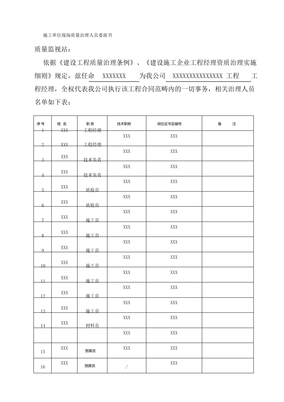 施工单位现场委派书_第1页