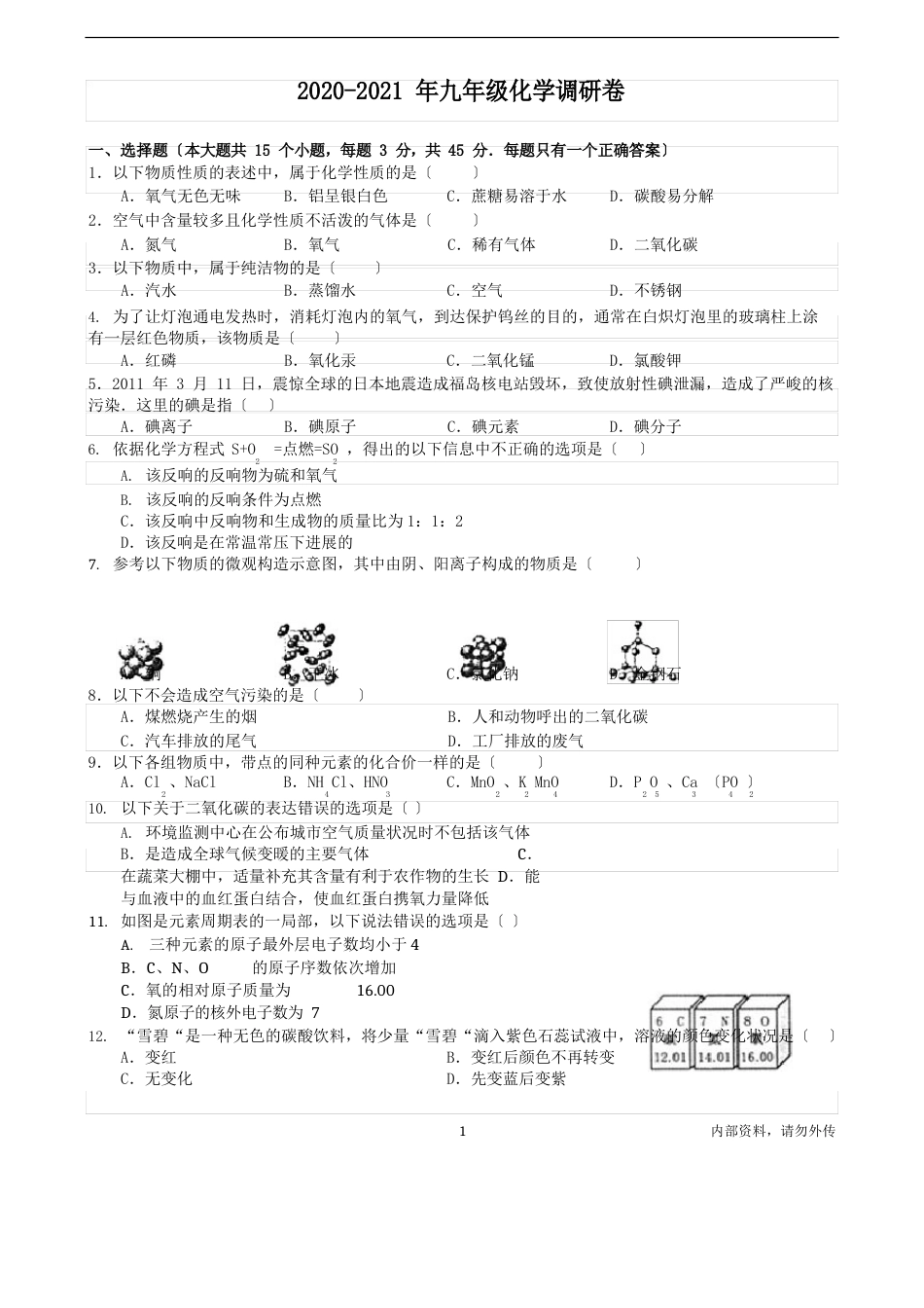 人教版九年级上册化学期末试卷(含答案)_第1页