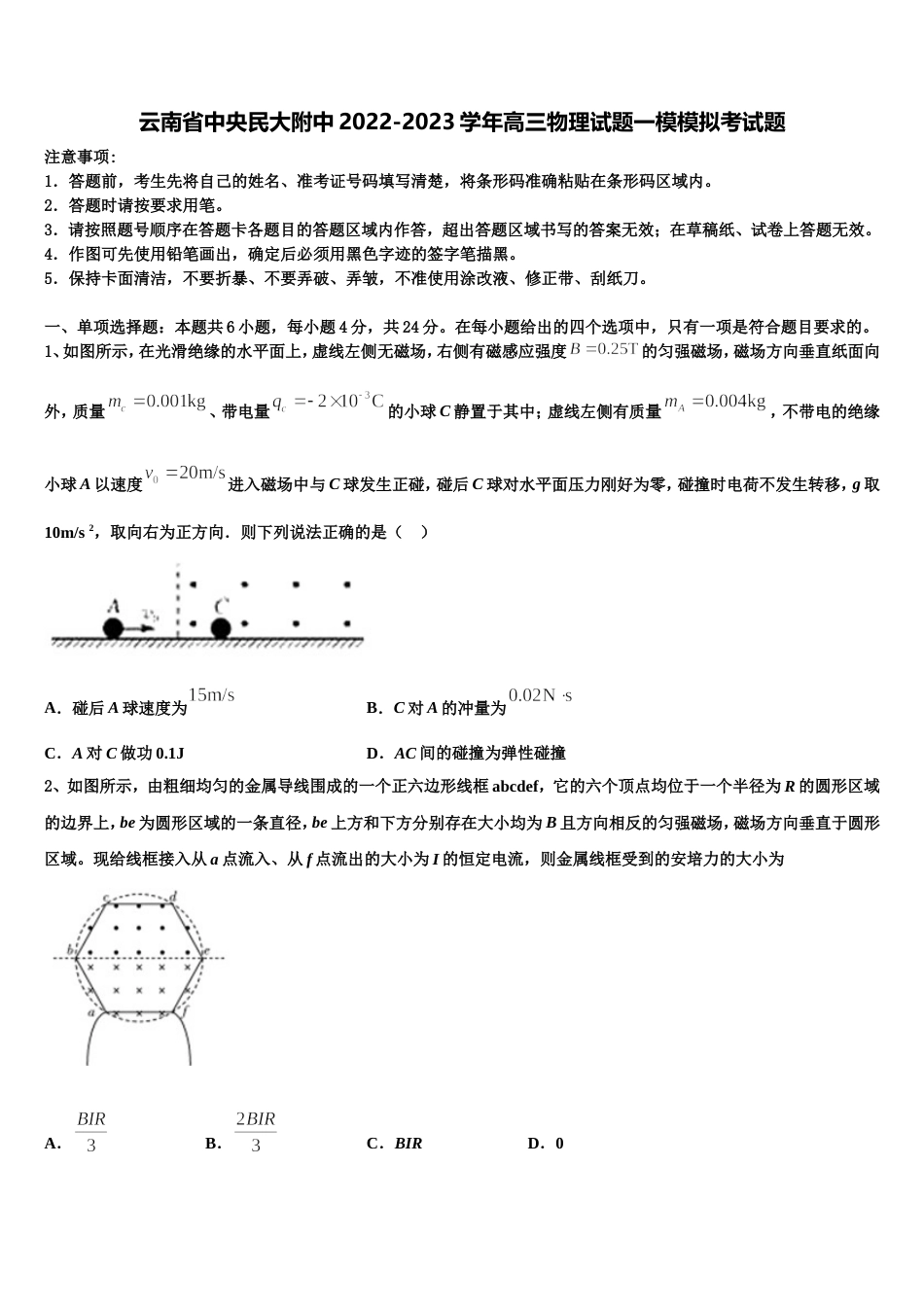 云南省中央民大附中2022-2023学年高三物理试题一模模拟考试题_第1页