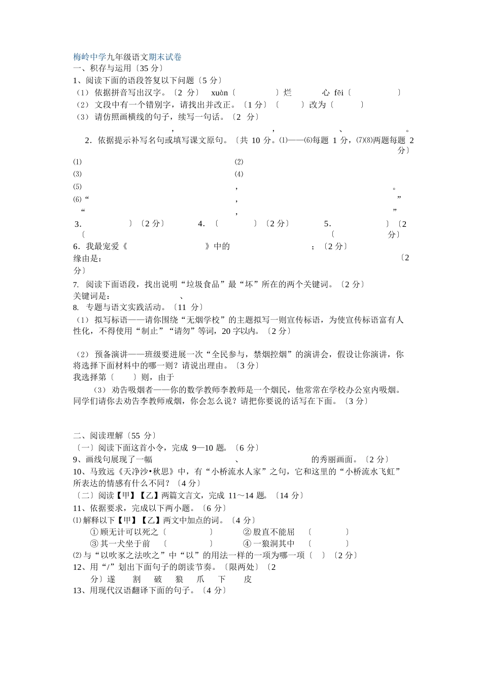 梅岭中学九年级语文期末试卷_第1页