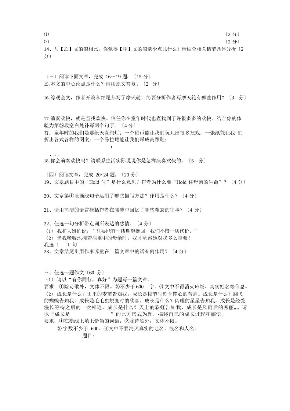 梅岭中学九年级语文期末试卷_第2页