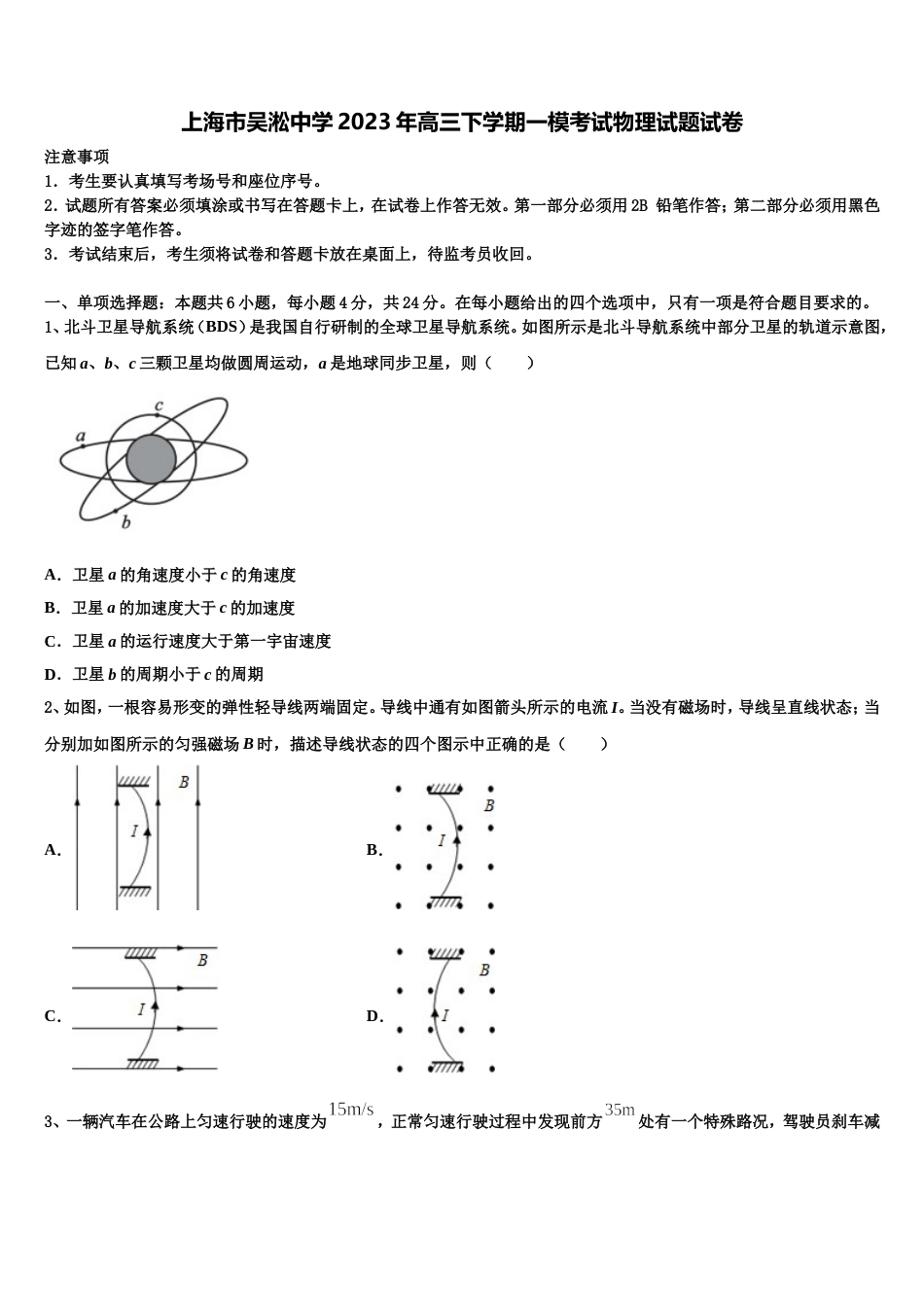 上海市吴淞中学2023年高三下学期一模考试物理试题试卷_第1页