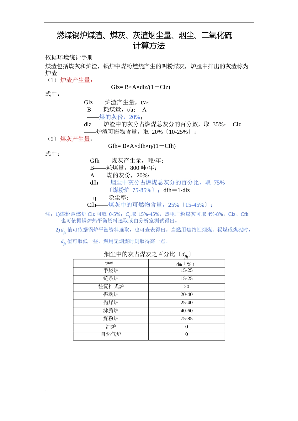 燃煤锅炉煤渣、煤灰、灰渣烟尘量、烟尘、二氧化硫计算方法_第1页