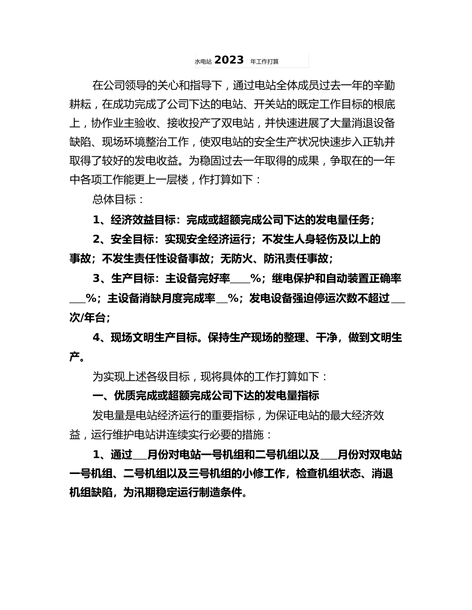 水电站2023年工作计划_第1页