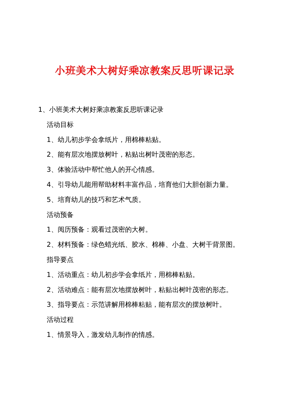 小班美术大树好乘凉教案反思听课记录_第1页