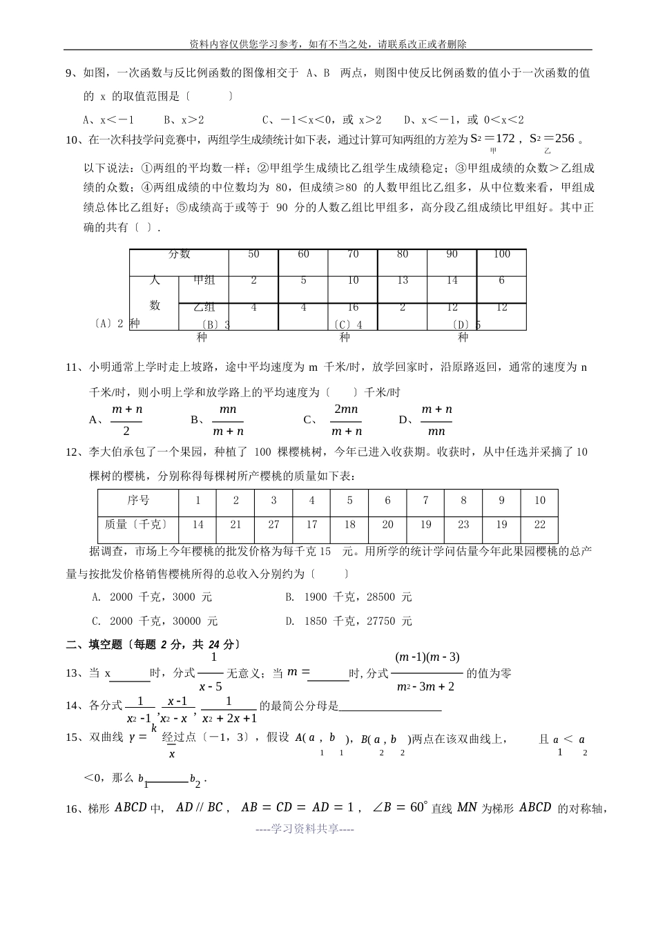 人教版八年级数学下册期末试卷及答案(超经典)_第2页
