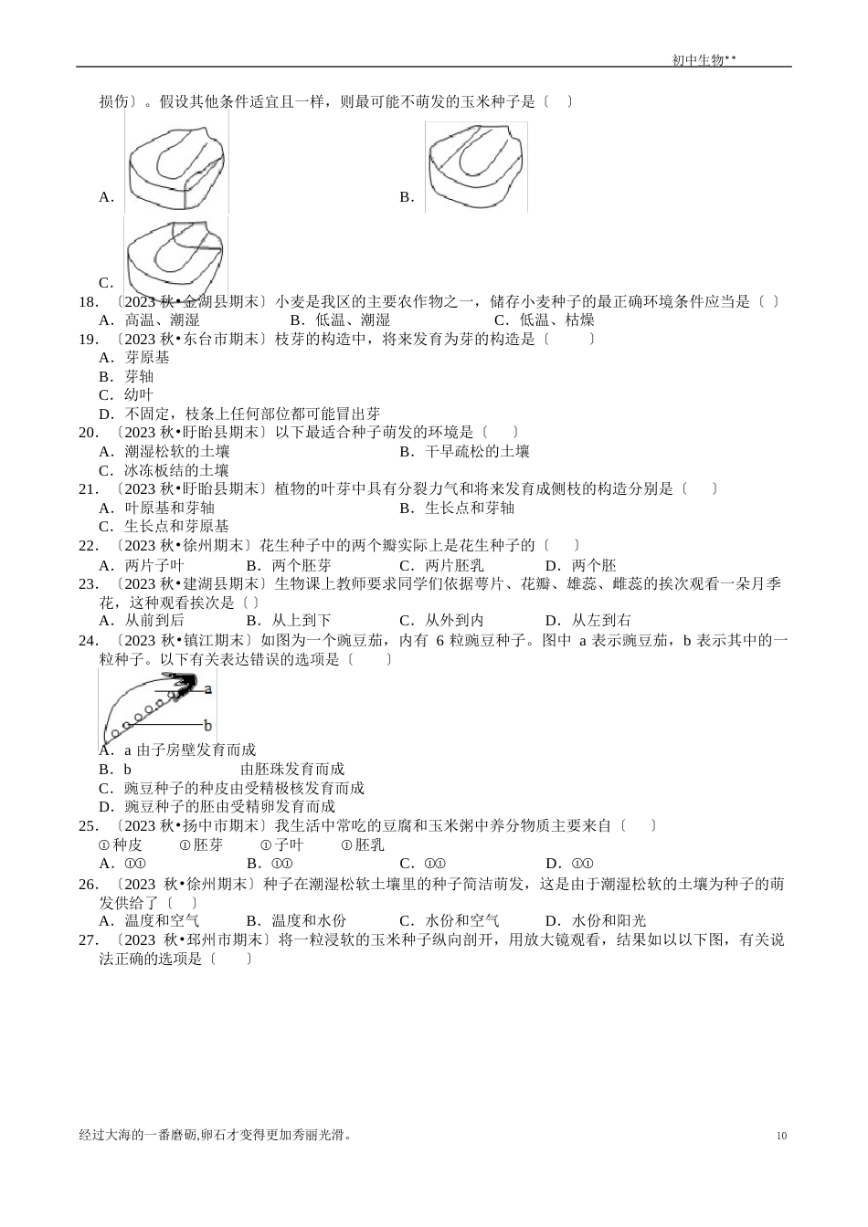 苏科版八年级生物上册期末专题复习：第19章《植物的生殖和发育》试题_第3页
