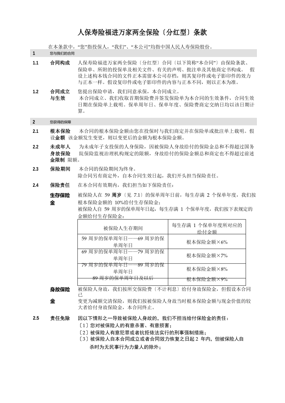 1人保寿险福进万家两全保险(分红型)条款_第2页