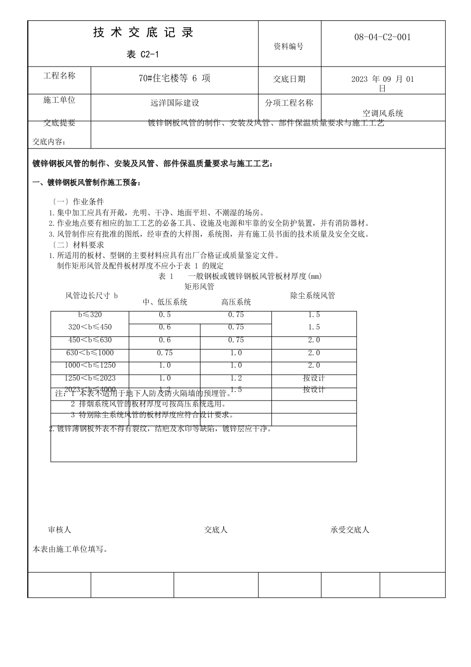 镀锌钢板风管的制作、安装及风管、部件保温质量要求与施工工艺_第1页