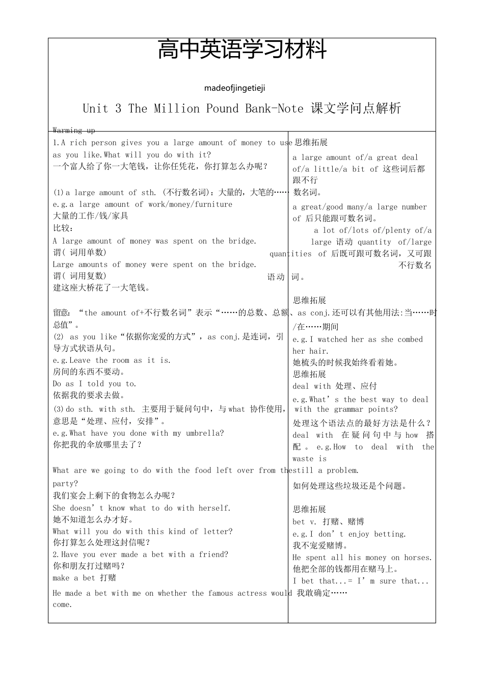 人教版高中英语必修三Unit3TheMillionPoundBankNote课文知识点解析_第1页