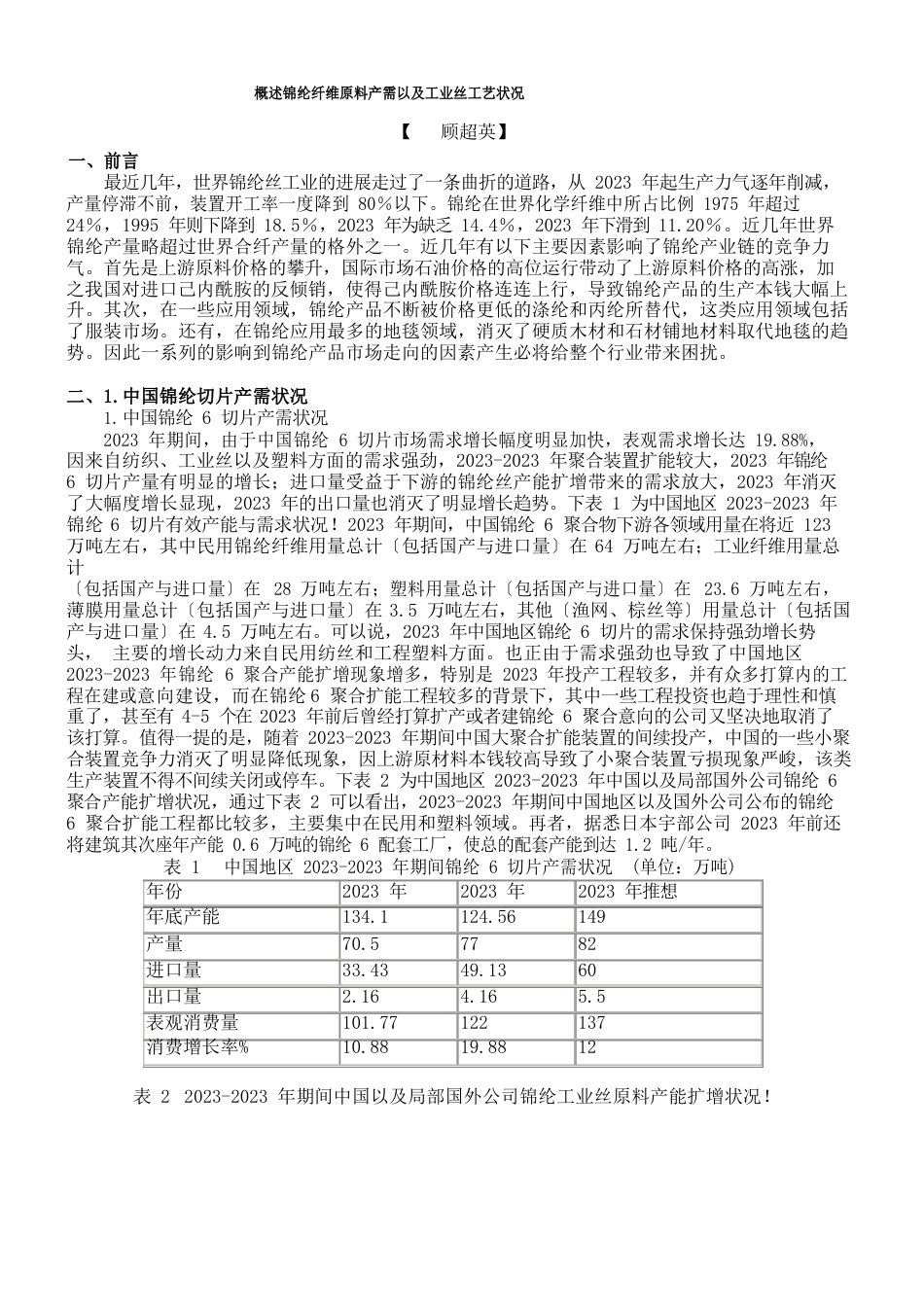 概述锦纶纤维原料产需以及工业丝工艺状况_第1页