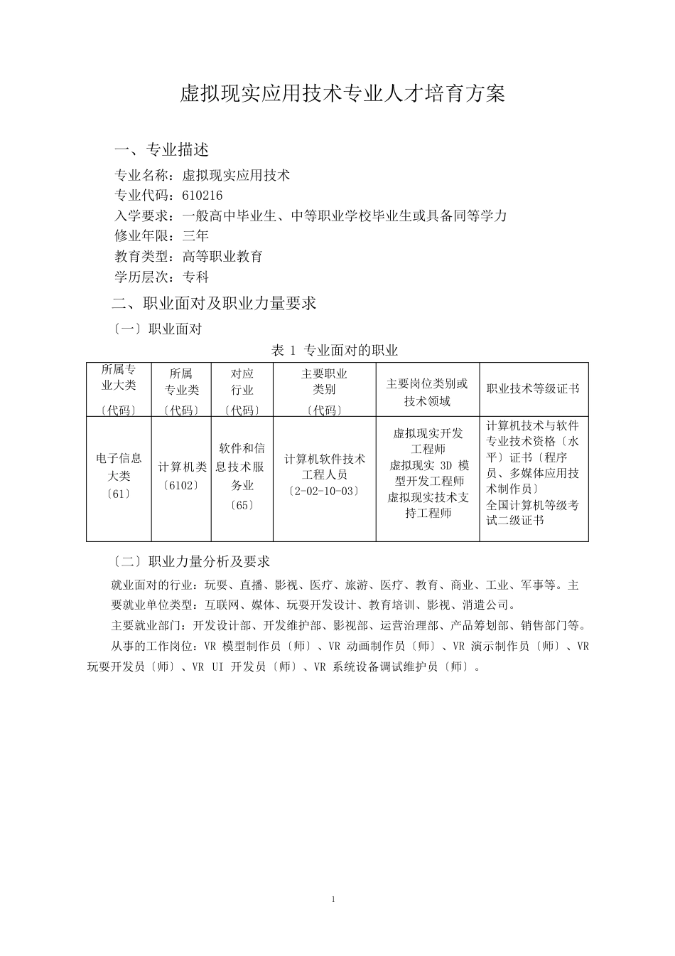 虚拟现实应用技术专业人才培养方案rrl_第1页