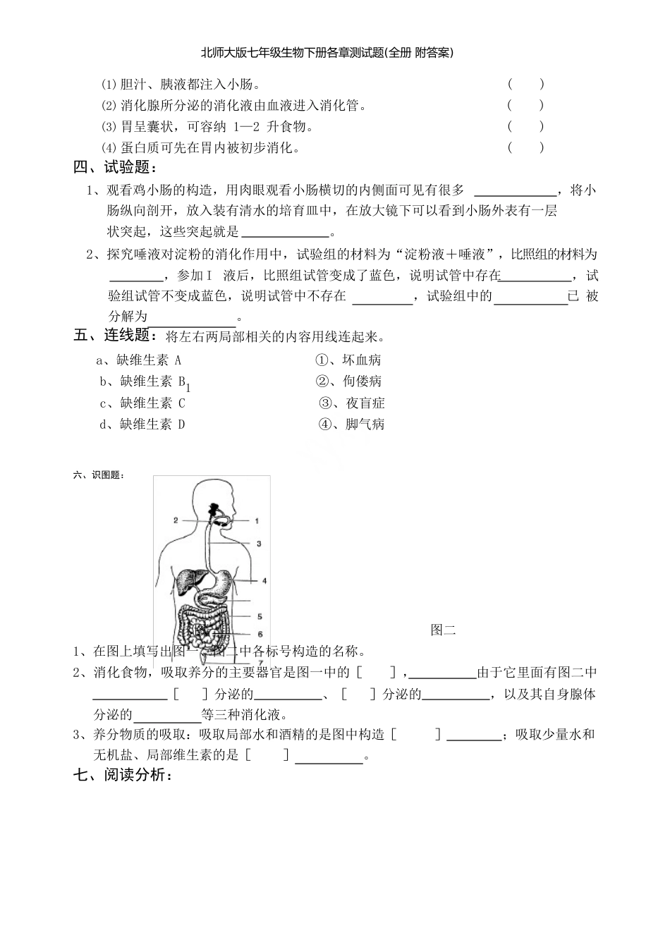 新北师大版七年级生物下册各章测试题(全册附答案)_第3页