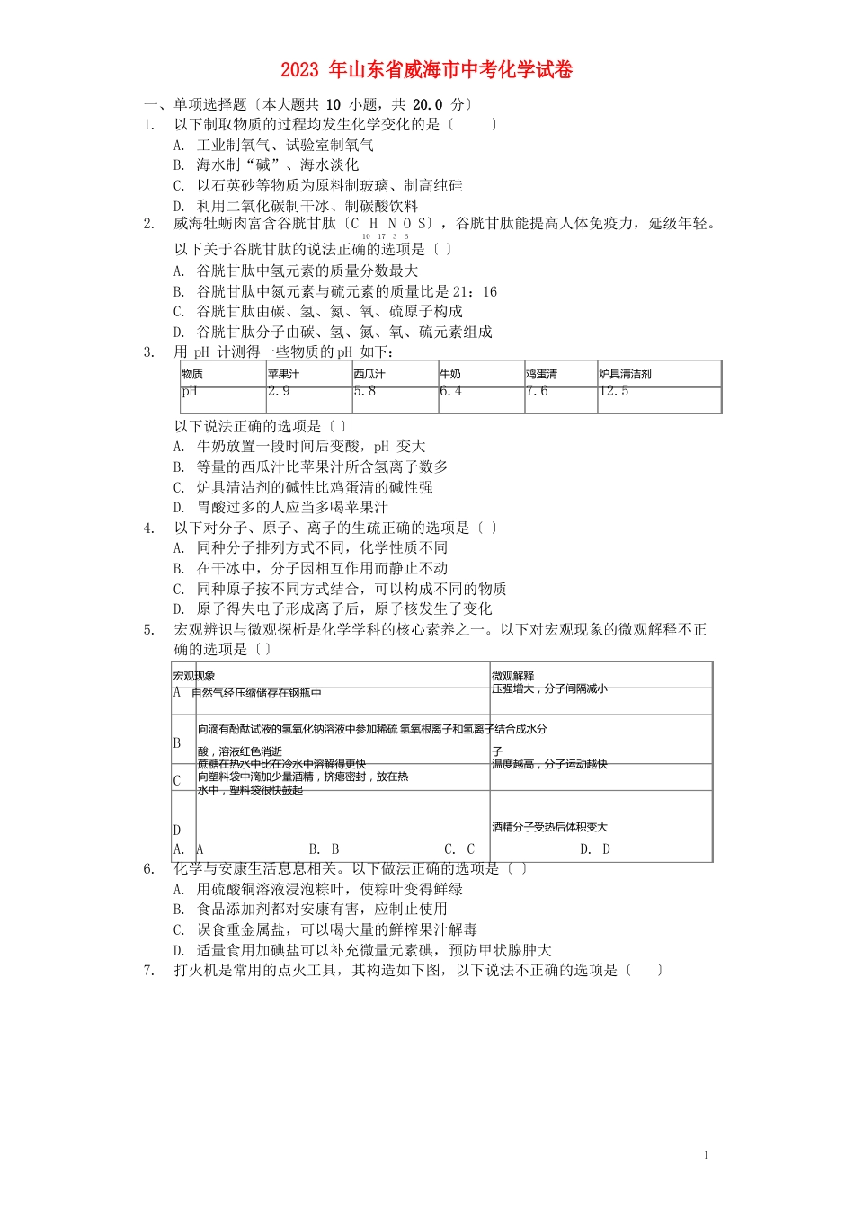 【2023年中考】山东省威海市中考化学真题试题(含解析)【真题】_第1页