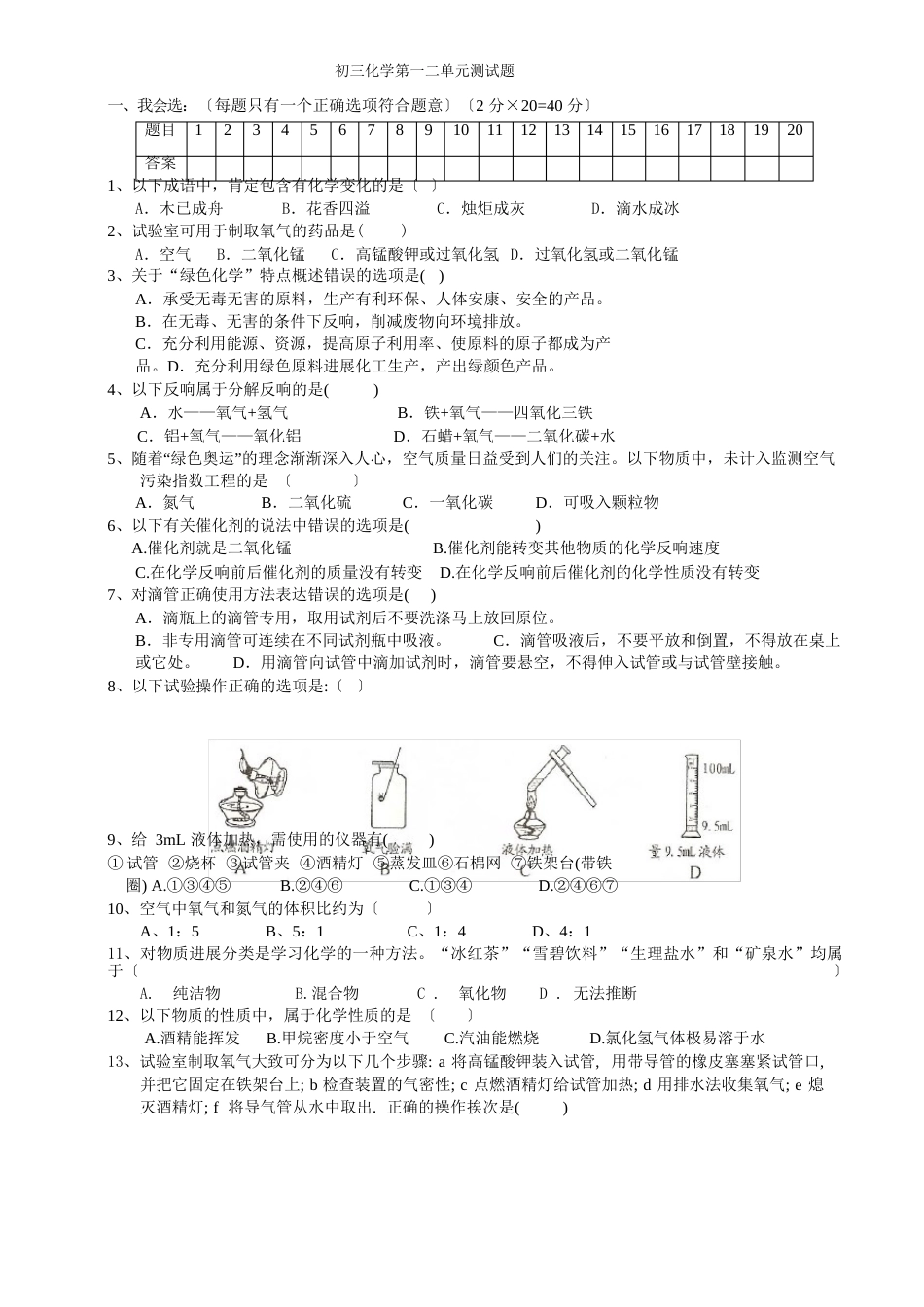 初三化学第一二单元测试题_第1页