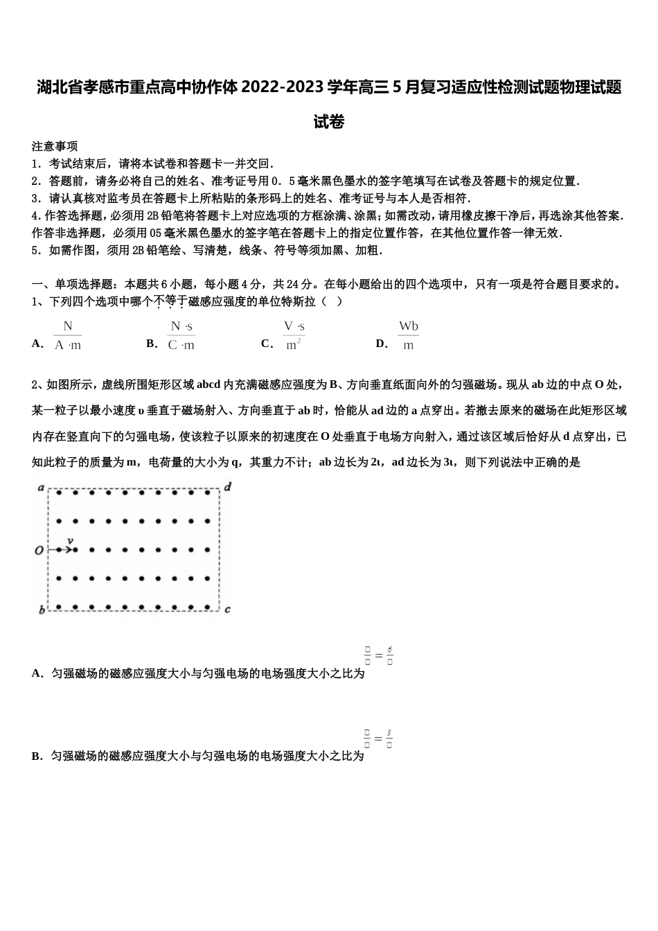 湖北省孝感市重点高中协作体2022-2023学年高三5月复习适应性检测试题物理试题试卷_第1页