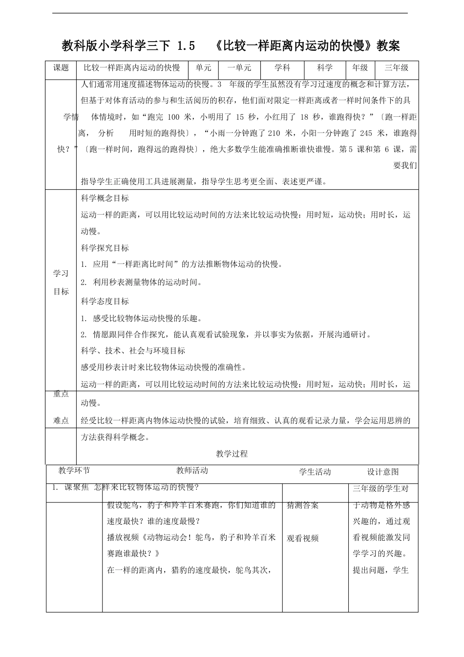 新教科版科学1.5比较相同距离内运动的快慢教学设计_第1页