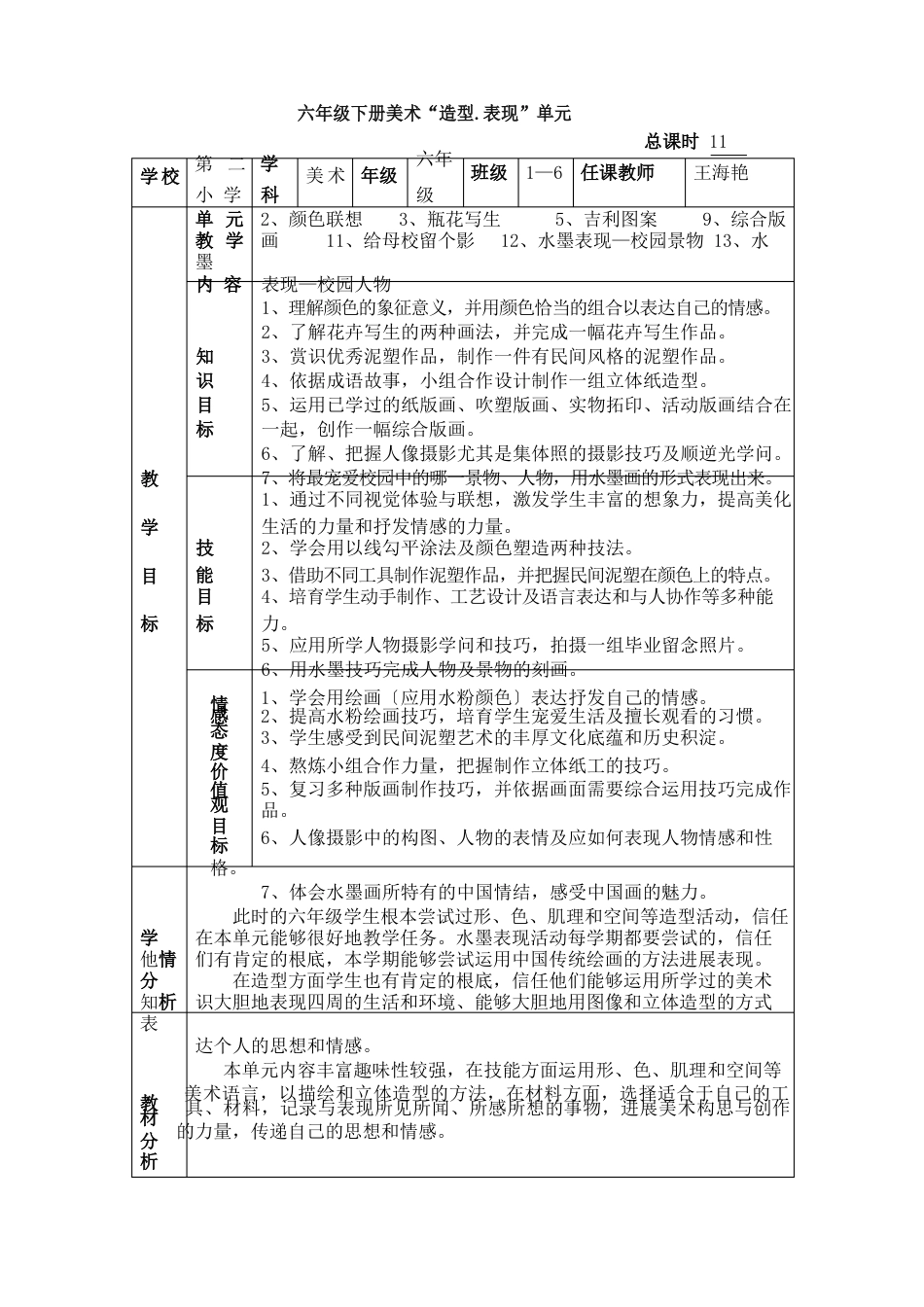 六年级下册美术“造型.表现”单元教案_第1页