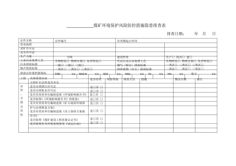 煤矿环境保护风险防控措施隐患排查表_第1页