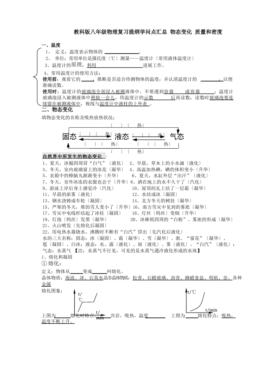 教科版八年级物理复习提纲知识点汇总物态变化质量和密度_第1页