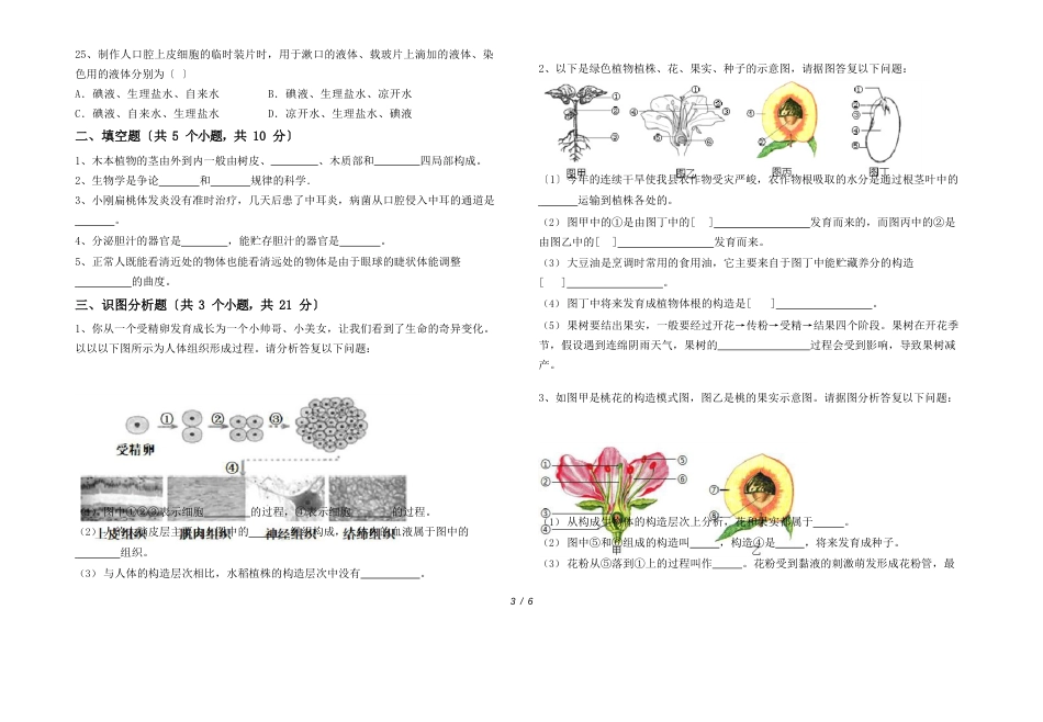 人教版七年级上册《生物》期中测试卷带答案_第3页
