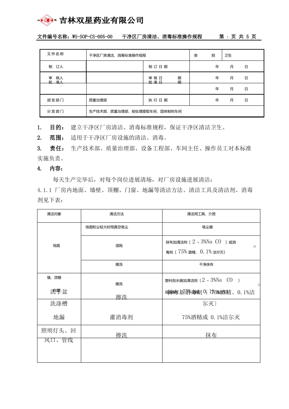 洁净区厂房清洁、消毒标准操作规程_第1页