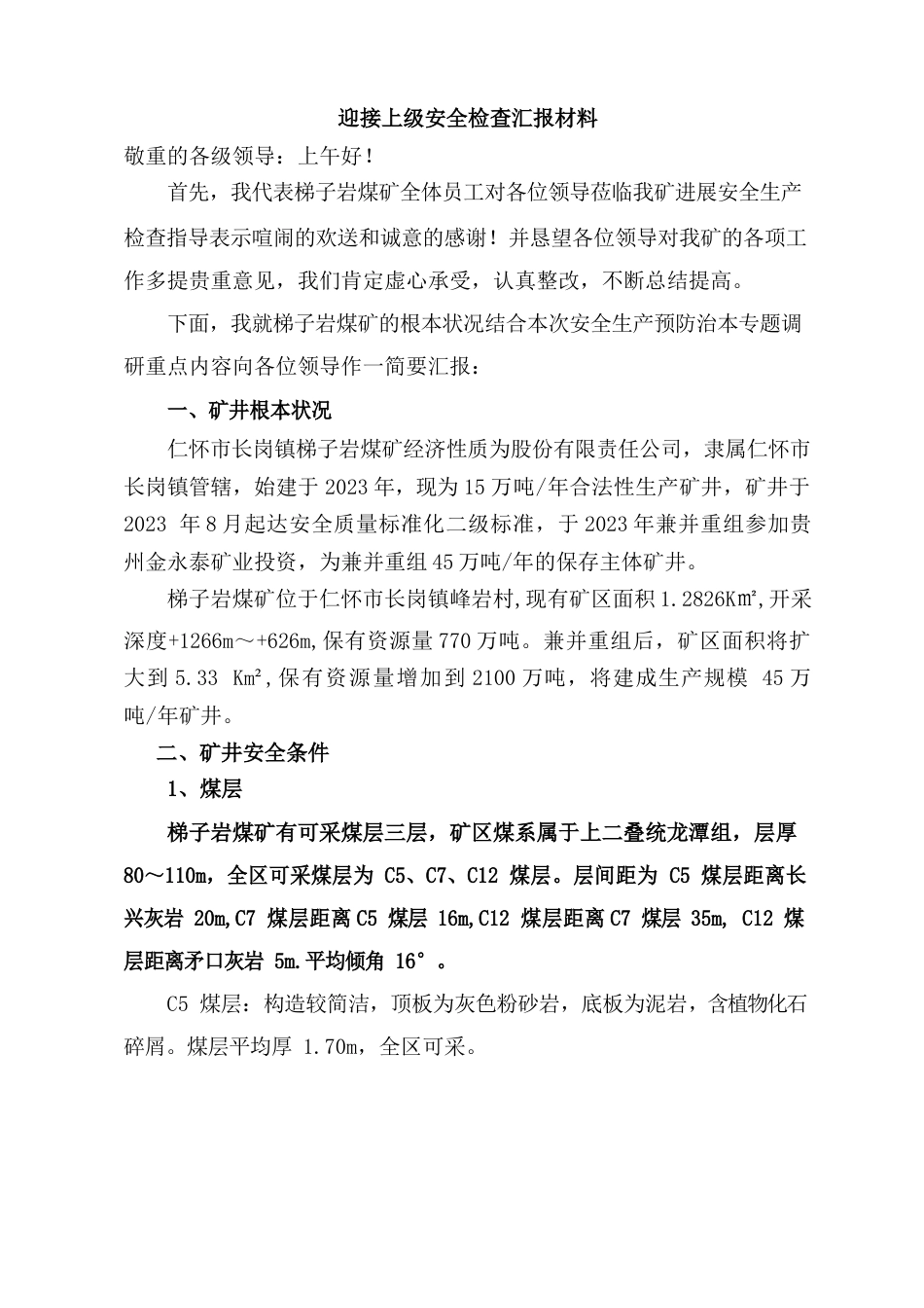 迎接上级安全检查汇报材料_第1页