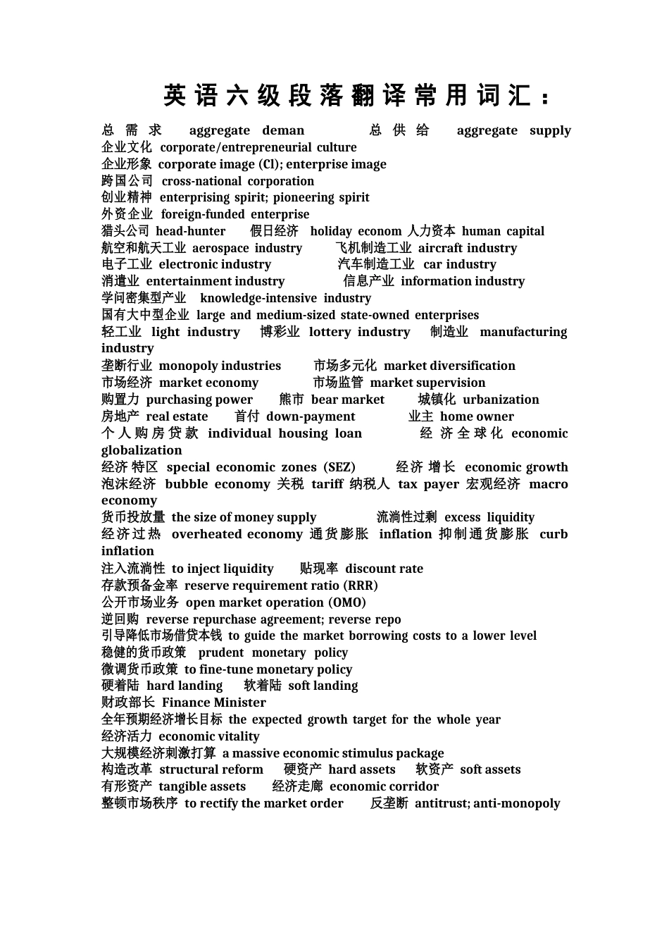 英语六级新题型段落翻译常用词汇_第1页