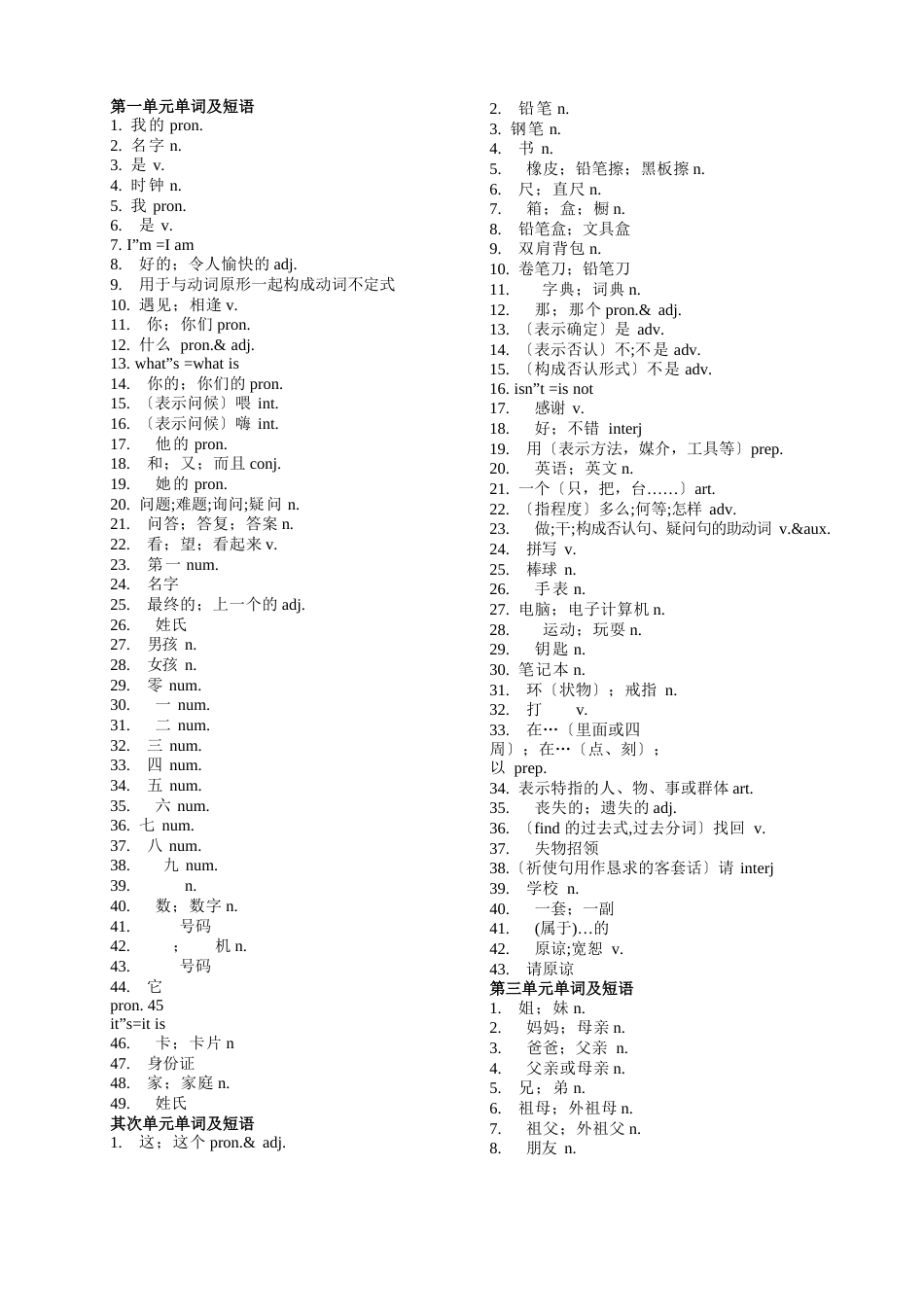 七年级上册英语单词默写及知识点归纳_第1页