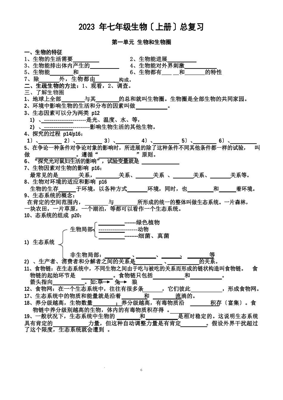 人教版七年级生物上册知识点填空式专项练习(无答案)_第1页