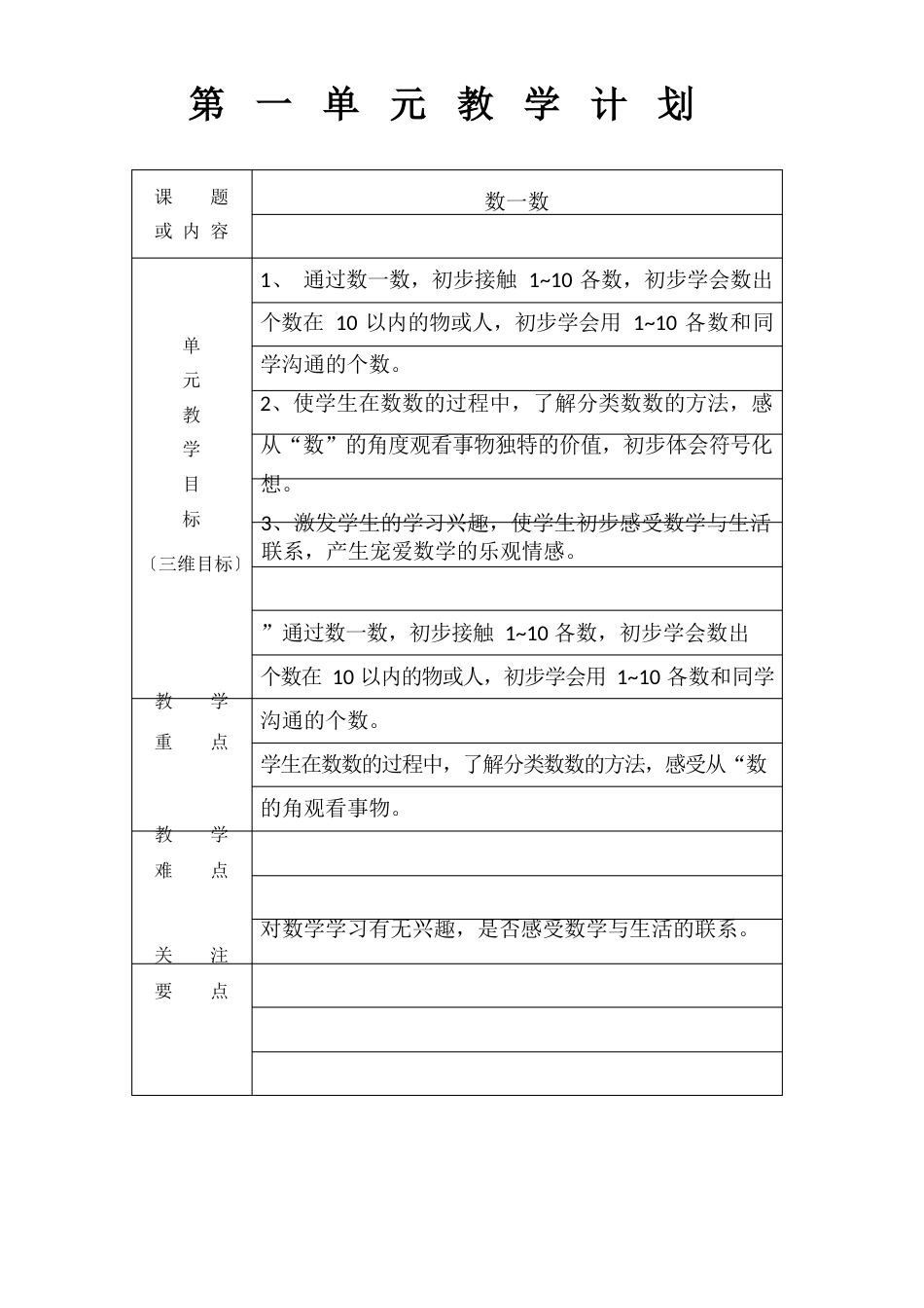 苏教版小学一年级数学单元教学目标_第1页